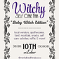 A promotional flyer for the 'Witchy Self Care Fair - Baby Witch Edition' on 10th October. The flyer features a black ornate filigree border on a light beige background, with purple and black text detailing the event's theme, activities, and venue location.