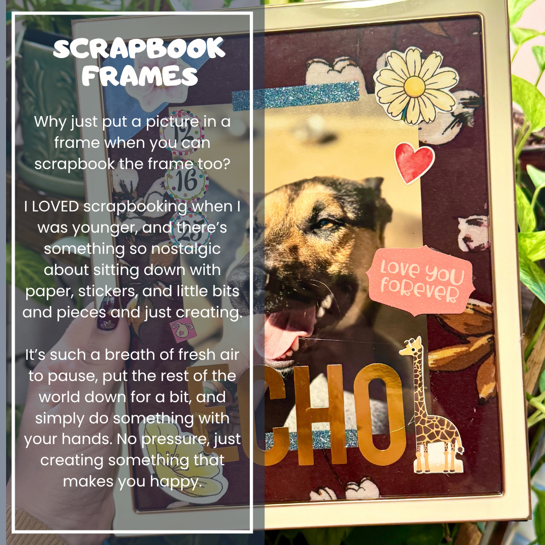 A scrapbook frame with a collage design featuring a dog, a daisy sticker, a pink heart, and the words 'love you forever' and 'CHO', shown outdoors with a text overlay on the left.